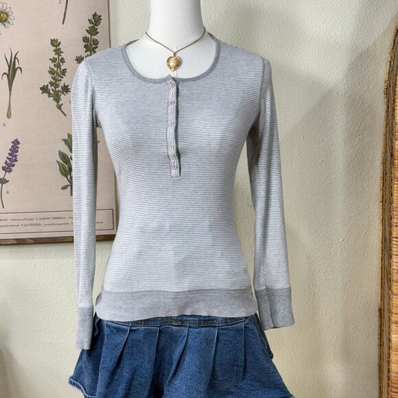 Y2k Striped Henley Top Dollette Dolly Gloomy Coquette Cutecore Shoujo Girl XS - Picture 1 of 6